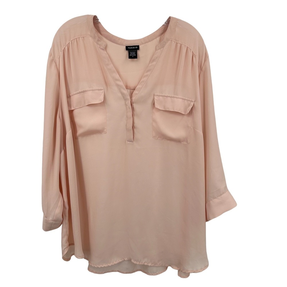 Torrid Womens 3 Plus Pink Georgette Roll Tab Sleeve V-Neck Blouse Top 10696103